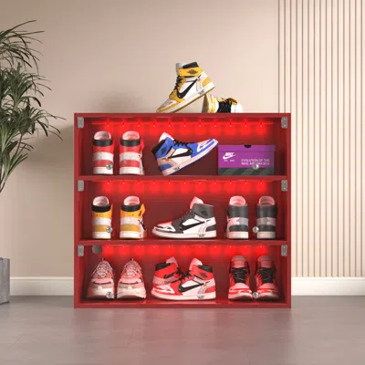 Streamdale Furniture Streamdale Red Led Light Shoe Box Three Layers With Glass Doors