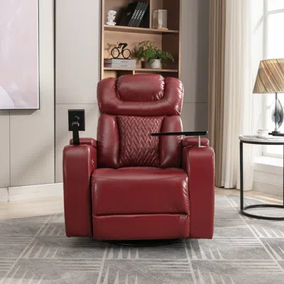 Streamdale Furniture Streamdale Red Pu Leather Power Recliner With Swivel Tray & Storage