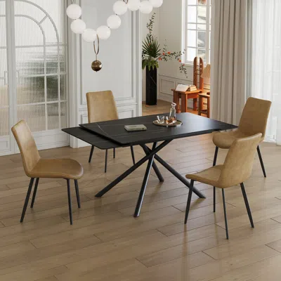 Streamdale Furniture Streamdale Retractable Sintered Stone Dining Set (table + 4 Chairs) In Black