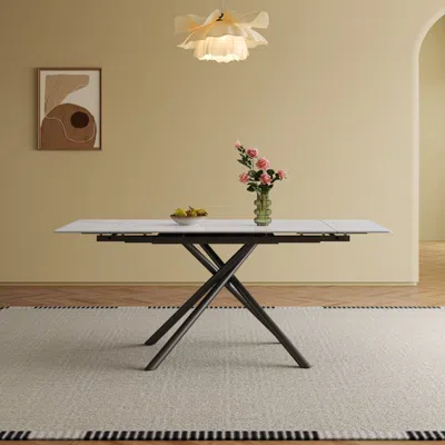 Streamdale Furniture Streamdale Retractable Sintered Stone Dining Table, Black Legs, 83", 6-8 Seats (white)