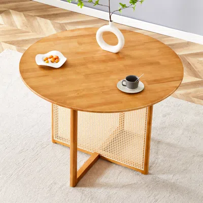 Streamdale Furniture Streamdale Retro Chinese Solid Wood Round Imitation Rattan Table Desk