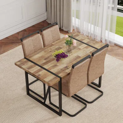Streamdale Furniture Streamdale Retro Dining Set: Table With Metal Legs & 4 Brown Tech Fabric Chairs