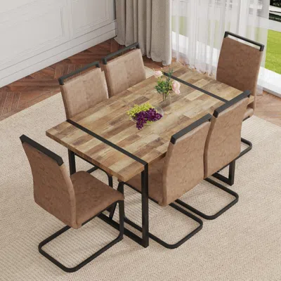 Streamdale Furniture Streamdale Retro Dining Set: Table With Metal Legs & 6 Brown Tech Fabric Chairs