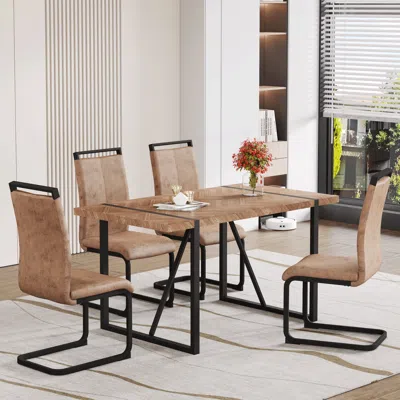 Streamdale Furniture Streamdale Retro Wood Table & 4 Brown Tech Fabric Chairs