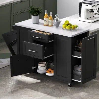 Streamdale Furniture Streamdale Rolling Kitchen Island W/ Storage, Tilt Trash, Drop Leaf - Black