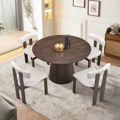 Streamdale Furniture Streamdale Round Brown Dining Set: Table & 4 Boucle Chairs