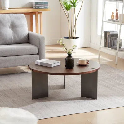 Streamdale Furniture Streamdale Round Coffee Table Walnut Wood Surface And Black Metel Feet