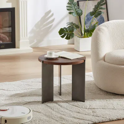 Streamdale Furniture Streamdale Round Coffee Table Walnut Wood Surface And Black Metel Feet