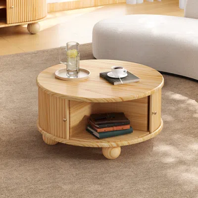 Streamdale Furniture Streamdale Round Fluted Coffee Table With Storage, Pine Solid Wood, 31.8 In Multi