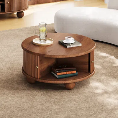 Streamdale Furniture Streamdale Round Fluted Coffee Table With Storage, Walnut, 31.8 In Brown