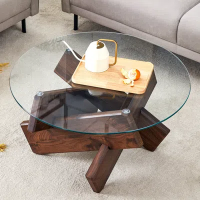 Streamdale Furniture Streamdale Round Glass Coffee Table - Walnut Legs - 33.4"