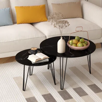 Streamdale Furniture Streamdale Round Marble Coffee & End Table Set, 27.56" Black