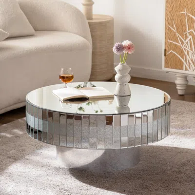 Streamdale Furniture Streamdale Round Mirrored Coffee Table - Crushed Diamond & Crystal Edge In Transparent