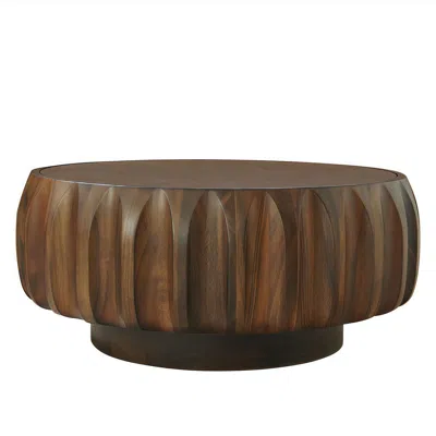 Streamdale Furniture Streamdale Round Solid Wood Carved Coffee Table With Elegant Sculptural Design In Brown