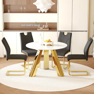 Streamdale Furniture Streamdale Round Table & 4 Chairs - White Stone Top, Black & Gold