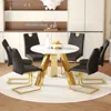 Streamdale Furniture Streamdale Round Table & 6 Chairs Set - White Stone Top, Black & Gold
