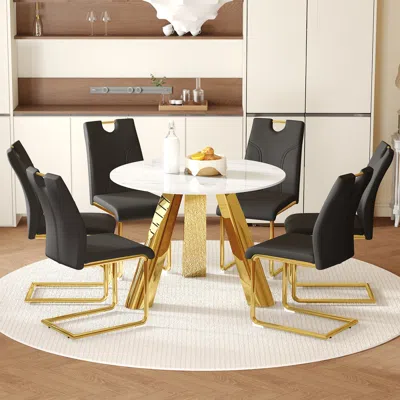 Streamdale Furniture Streamdale Round Table & 6 Chairs Set - White Stone Top, Black & Gold