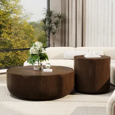 Streamdale Furniture Streamdale Round Wood Grain Drum Coffee Table Set (set Of 2)