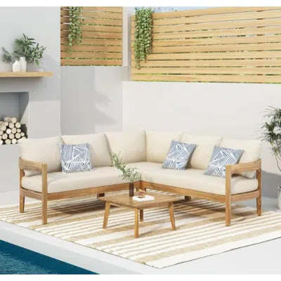 Streamdale Furniture Streamdale Rounded Tuxedo Brooklyn Sofa Set In Teak With Beige Cushions