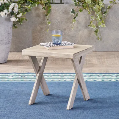 Streamdale Furniture Streamdale Rustic Acacia Wood Outdoor Side Table With Sandblast Finish And Cross Base