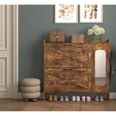 Streamdale Furniture Streamdale Rustic Brown Narrow Shoe Cabinet With Flip Drawers