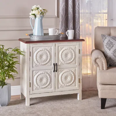Streamdale Furniture Streamdale Rustic Distressed White Cabinet With Faux Wood Overlay And Brown Top