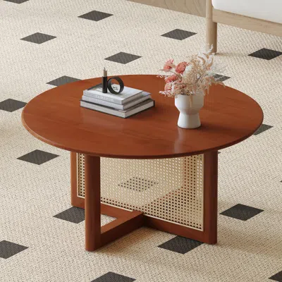 Streamdale Furniture Streamdale Rustic-modern Wood & Rattan Coffee Table For Nature-inspired Living In Brown