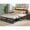 Streamdale Furniture Streamdale Rustic Wood Bed Frame With Led Lights And Charging