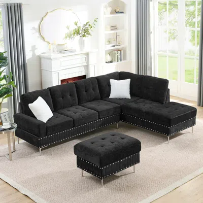 Streamdale Furniture Streamdale Sectional Sofa With Reversible Chaise, Storage Ottoman, Metal Legs, Pillows, Black