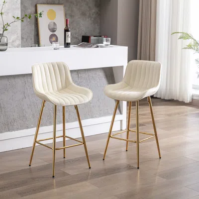 Streamdale Furniture Streamdale Velvet Counter Stool Duo With Golden Legs And Chrome Footrest In White