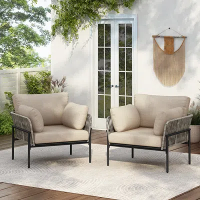 Streamdale Furniture Streamdale Set Of 2 Beige Iron Lounge Chairs W/ Cushions, Indoor/outdoor