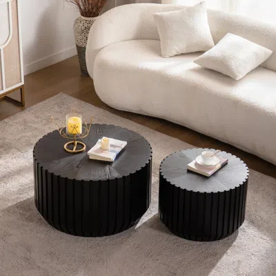 Streamdale Furniture Streamdale Set Of 2 Black Fluted Coffee Table - Solid Wood & Mdf Round Accent Tables