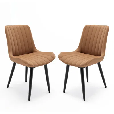 Streamdale Furniture Streamdale Set Of 2 Modern Pu Leather Dining Chairs With Thick Cushions & Metal Legs In Brown