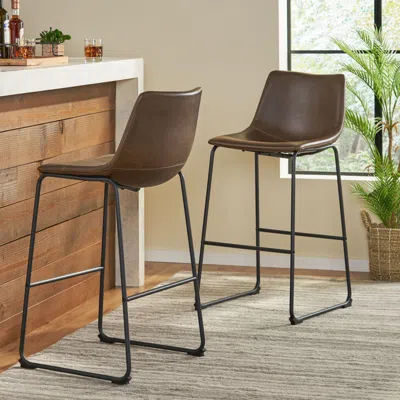 Streamdale Furniture Streamdale Set Of 2 Vintage Brown 30" Faux Leather Barstools