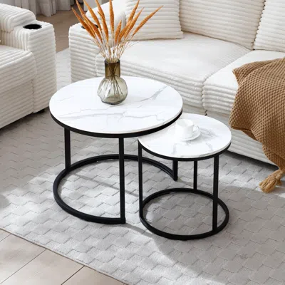 Streamdale Furniture Streamdale Set Of 2 White/gray Marble Pattern Nesting Coffee Tables With Black Frame