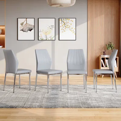 Streamdale Furniture Streamdale Set Of 4 Light Gray & Silver Dining Chairs, 37" High, Ergonomic Pu Backrest