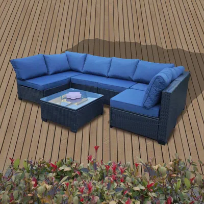 Streamdale Furniture Streamdale Seven-piece Black Rattan Outdoor Sofa Set W/ Blue Cushions