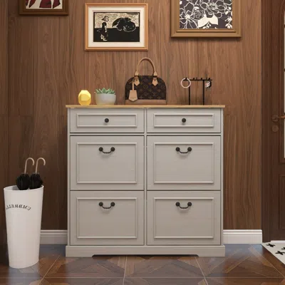 Streamdale Furniture Streamdale Shoe Storage Cabinet - 2 Drawers, 4 Flip Drawers - Antique White