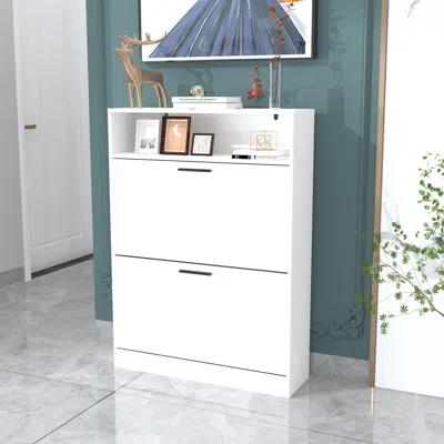 Streamdale Furniture Streamdale Shoe Storage Cabinet - 2 Flip Drawers, Slim, White
