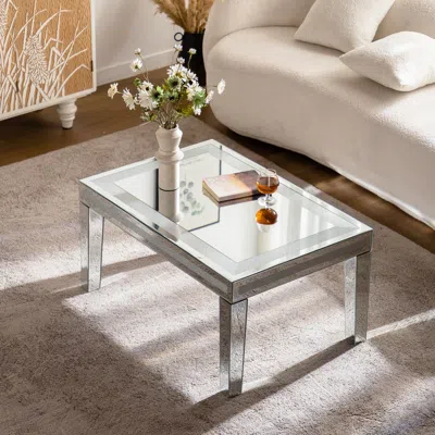 Streamdale Furniture Streamdale Silver Crushed Crystal Coffee Table, Mirrored Glass, Glam Modern In Gray
