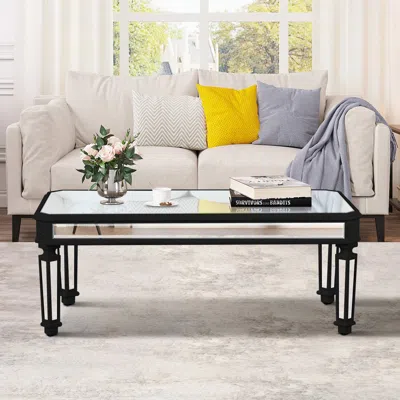 Streamdale Furniture Streamdale Silver Mirrored Coffee Table, Black Carved Wood, Rectangle Glass Tea Table