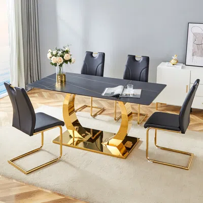 Streamdale Furniture Streamdale Sintered Stone Dining Set: 63" Table & 4 Black/gold Chairs