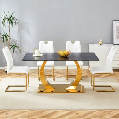 Streamdale Furniture Streamdale Sintered Stone Dining Set: 63" Table & 4 White/gold Chairs In Multi