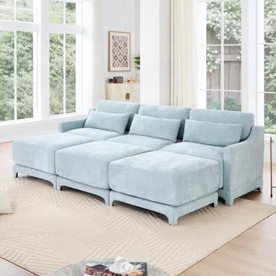 Streamdale Furniture Streamdale Sky Blue Chenille 3-seater Sofa With Ottomans