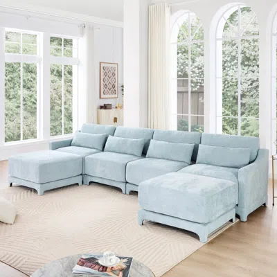Streamdale Furniture Streamdale Sky Blue Chenille 4-seater Sofa With Ottoman