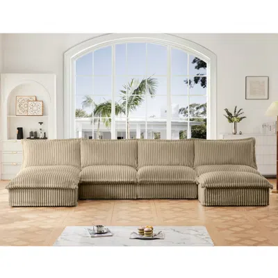Streamdale Furniture Streamdale Slipcovered U-shape Sectional Sofa, Ottoman, Corduroy In Brown