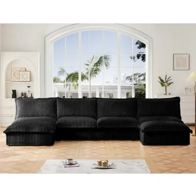 Streamdale Furniture Streamdale Slipcovered U-shape Sectional Sofa W/ Ottoman - Black Corduroy