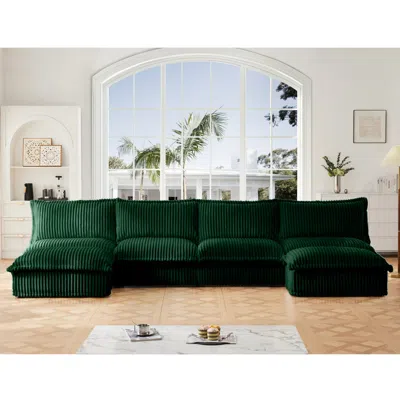 Streamdale Furniture Streamdale Slipcovered U-shape Sectional Sofa With Ottoman - Green Corduroy