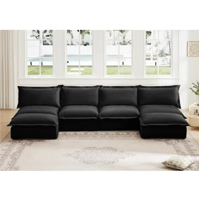 Streamdale Furniture Streamdale Slipcovered U-shape Sectional Sofa With Ottoman In Black