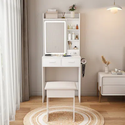 Streamdale Furniture Streamdale Small Vanity Desk With Mirror, Led Lights & Outlet - White